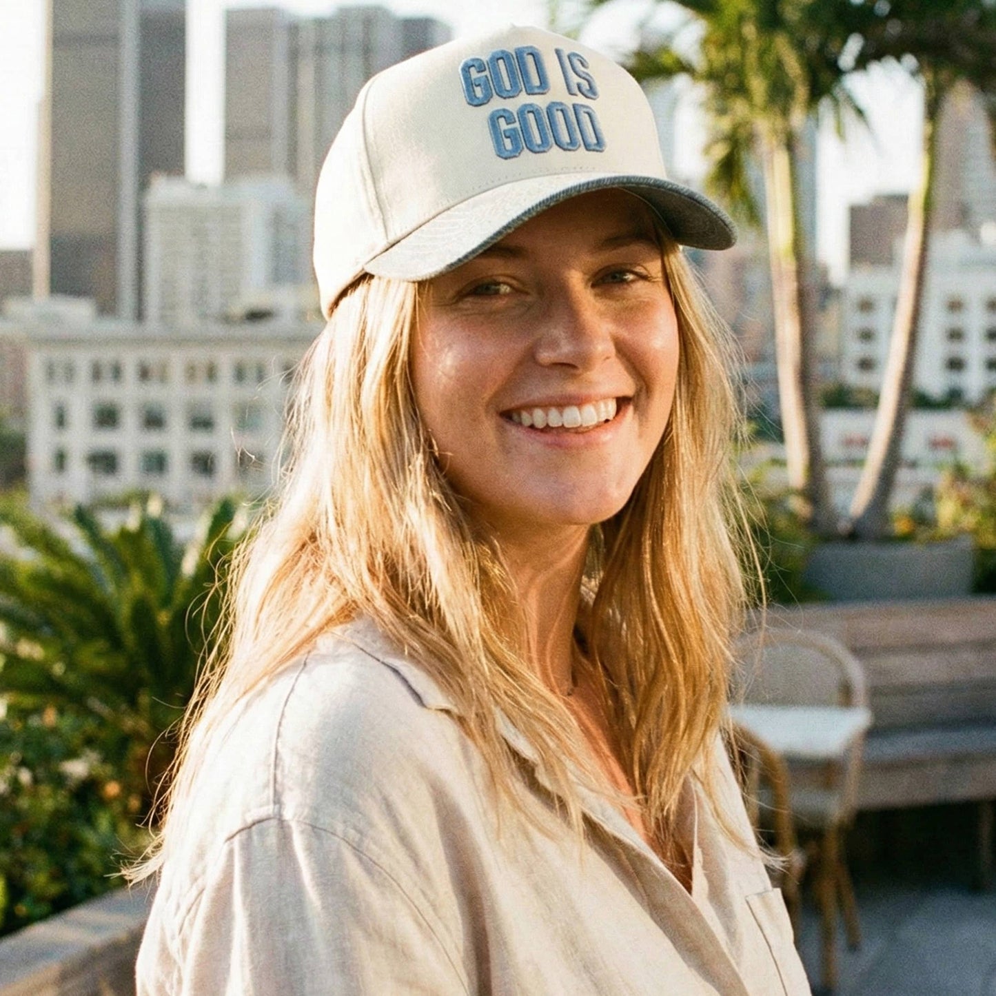 C.C GOD IS GOOD Embroidered Letter Two Tone Trucker Hat